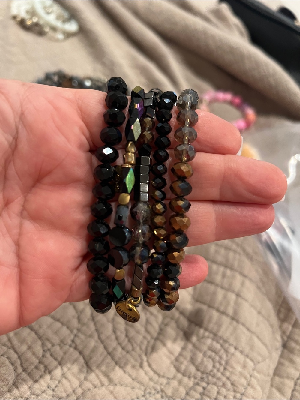 Erimish Multi-Strand Black Faceted Bead Stretch Bracelets (5) in total